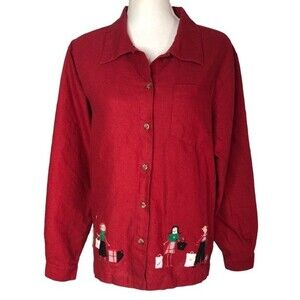 Allyson Whitmore Linen Blend Embroidered Details Button Down Long Sleeve Shirt